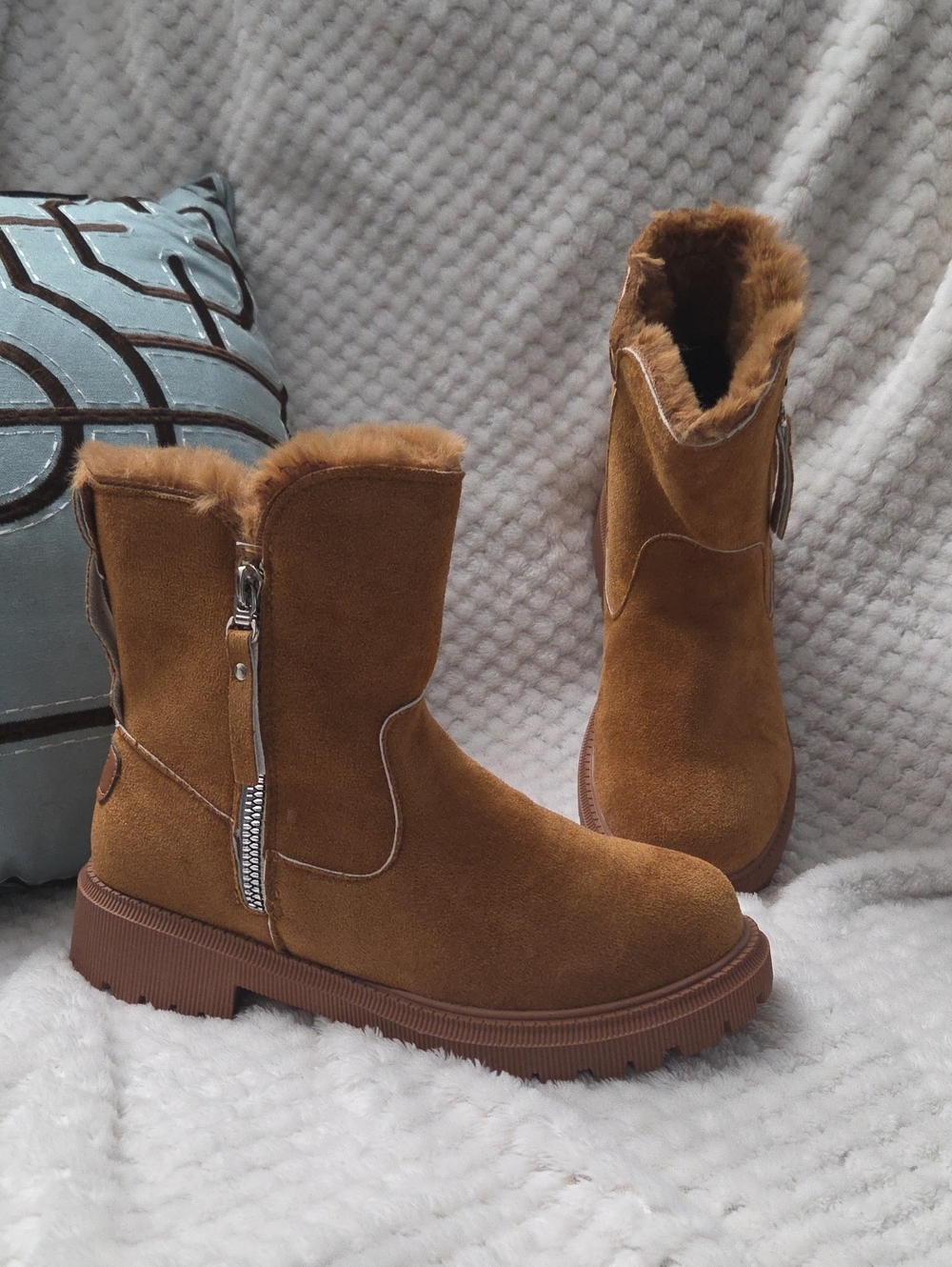 NWB - Faux-Suede Fur-Trim Ankle Boots for Women - Brown